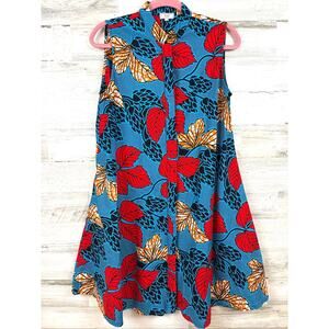 Zuri African Wax Print Shirt Dress Womens S 100% Cotton Blue Red Floral NEW